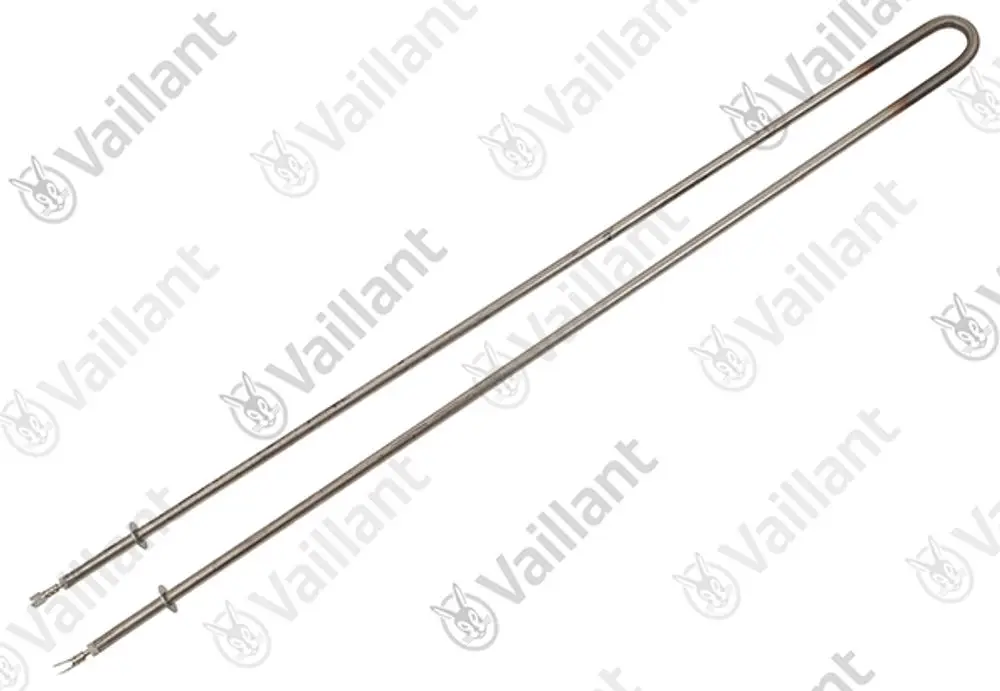 Vaillant Heizstab aus Edelstahl mit zwei Anschlüssen, geeignet für Heizungsanlagen. Vorder- und Rückansicht zeigen die flexible Form.